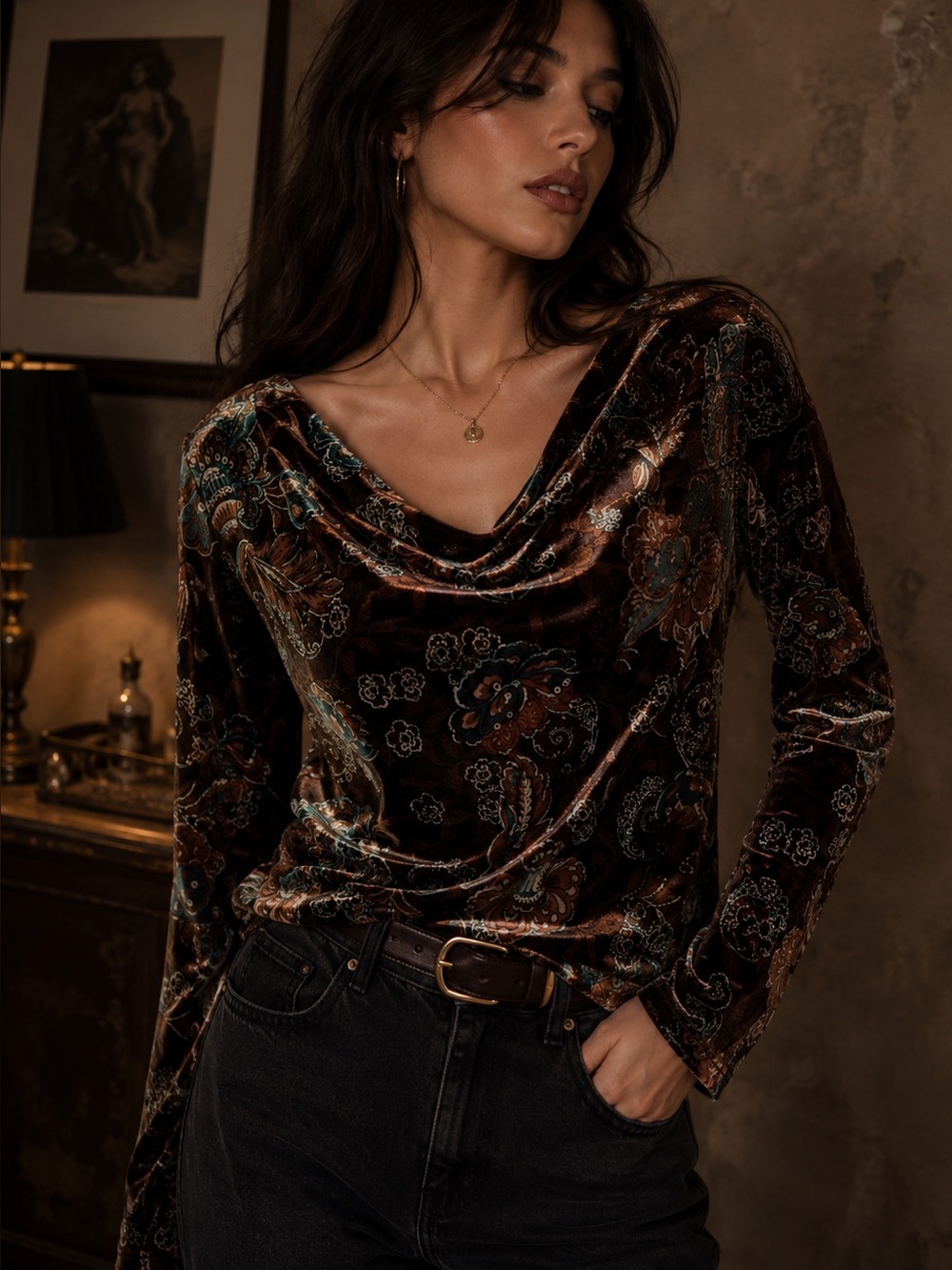 Vintage Velvet Floral Cowl Neck Top Brown Paisley Mesh Y2K 90s Romantic Boho L